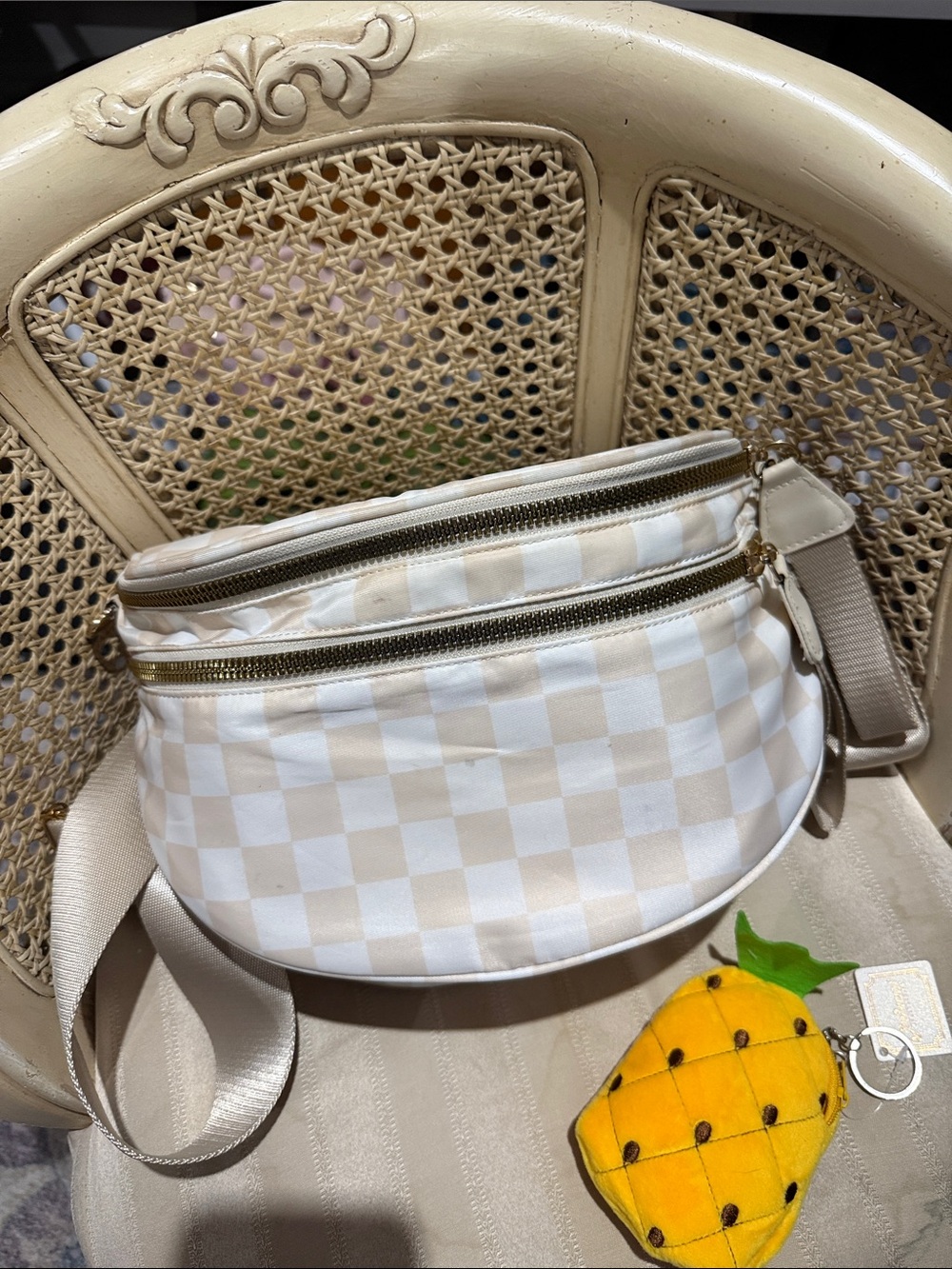 Bum Bag Beige Checkered Waist Bag with Gold Zippers pre loved it